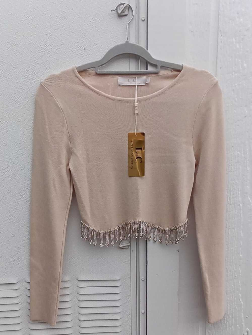 LC COLLECTION Cream Beaded Hem Long Sleeve Crop Top Nwt